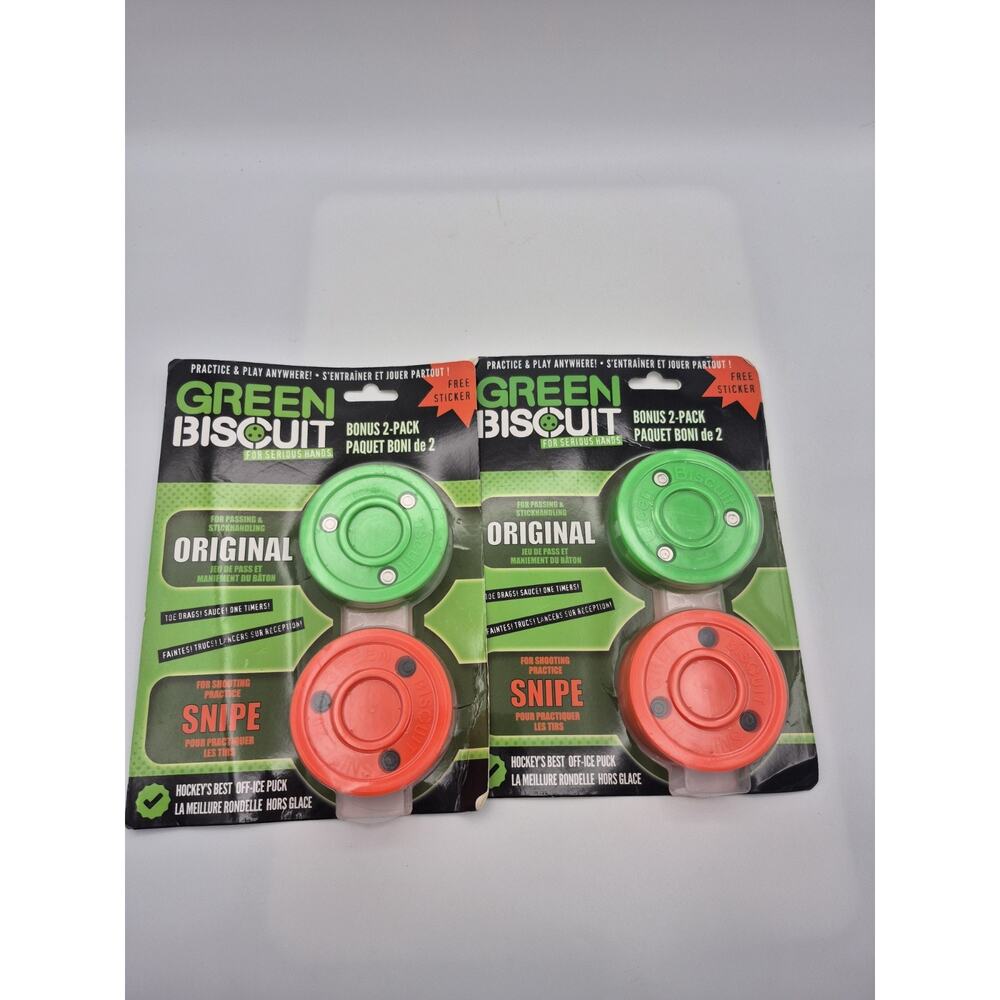 Lot of 2 Green Biscuit Hockey Puck 2 Pack The Original and Snipe Practice Pucks